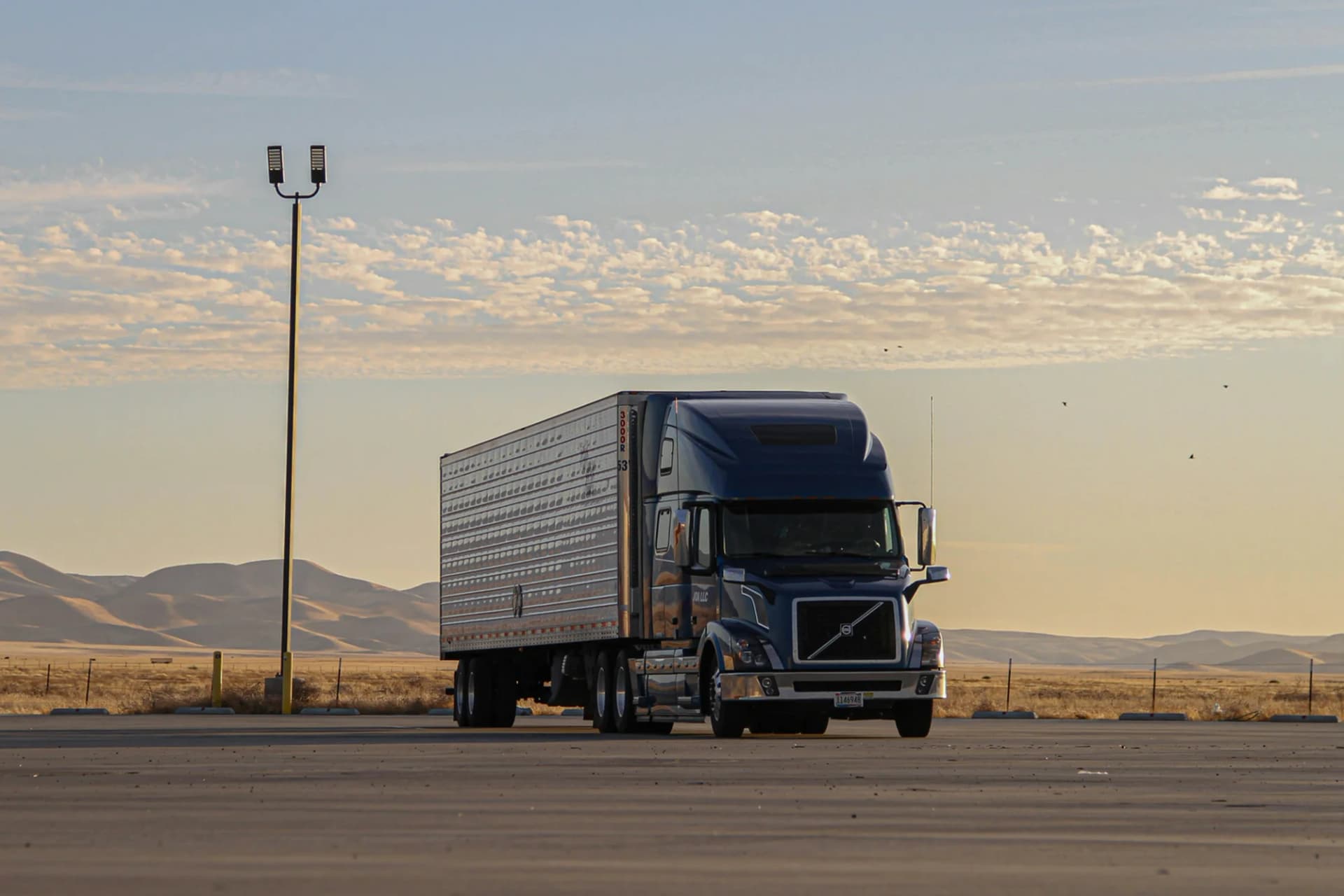 A truck at rest on a lay-by, open plain at dusk