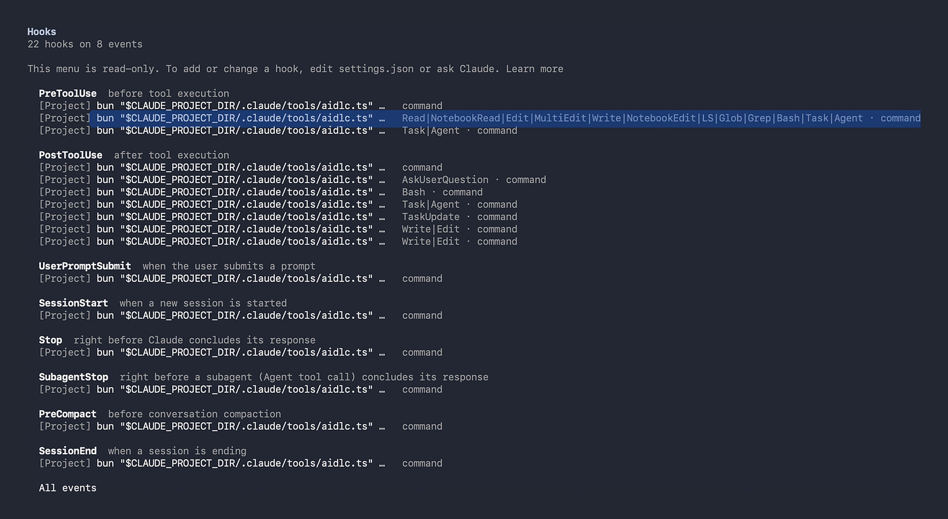 Liste des hooks installés par l'AI-DLC dans Claude Code, commande /hooks
